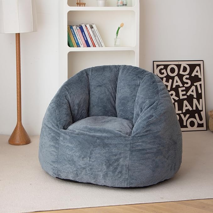N&V Large Shell Bean Bag Chair, Adult Size Bean Bag Sack, Foam Filling, Includes Removable and Machine Washable Cover, 40in, Soft Faux Fur, Blue