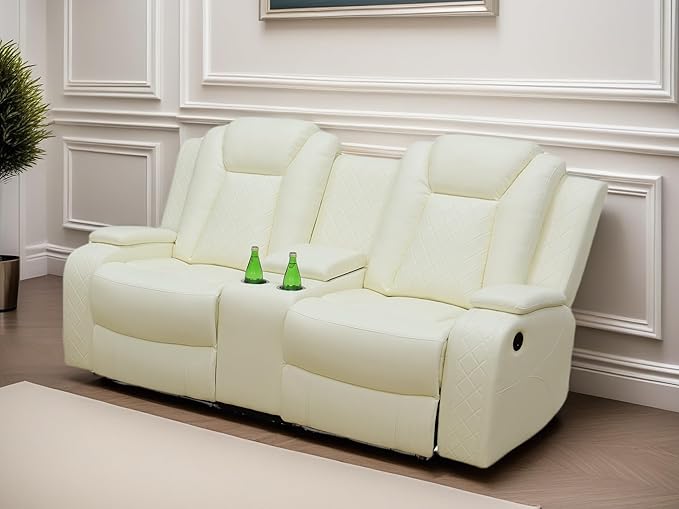 Loveseat Recliner Sofa, Reclining Loveseat Leather Couch with Storage Console, Modern Comfy Home Theater Seating Power Recliner Chair with Cup Holders for Living Room Furniture Sets, White