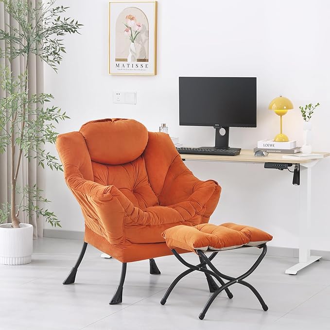 Lazy Chair with Ottoman, Modern Accent Chair Contemporary Lounge Leisure Sofa Chair with Armrests, Reading Chair and Folding Footstool Set for Living Room, Bedroom, Orange