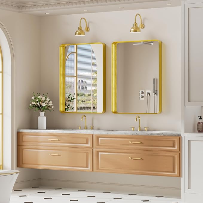 Koonmi Gold Bathroom Mirror for Wall, 22x30 Inch Matte Metal Deep Framed Rounded Corner Wall Mirror, Shatterproof Tempered Glass for Farmhouse Bedroom Entryway, Vertically or Horizontally