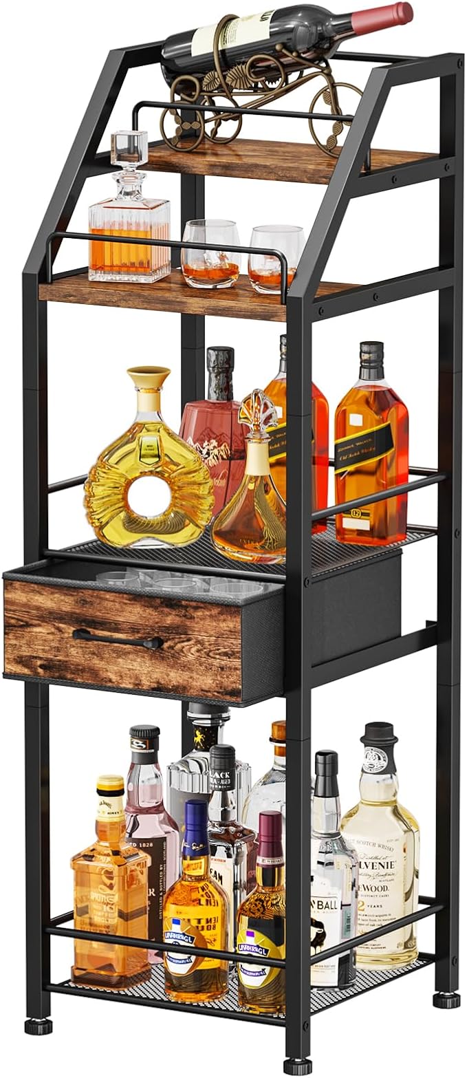 HapiRm Wine Rack Freestanding Floor - 4-Tier Stepped Liquor Cabinet Bar Stand for Home with Fabric Drawer, Wine & Glass Organizer for Living Room, Kitchen, or Dining Room
