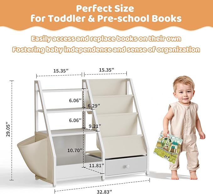 Kids Bookshelf and Toy Storage - Kids Book Shelf for Kids Rooms, Toddler Bookshelf Baby Bookcase for Nursery, Montessori Toy Organizer, White