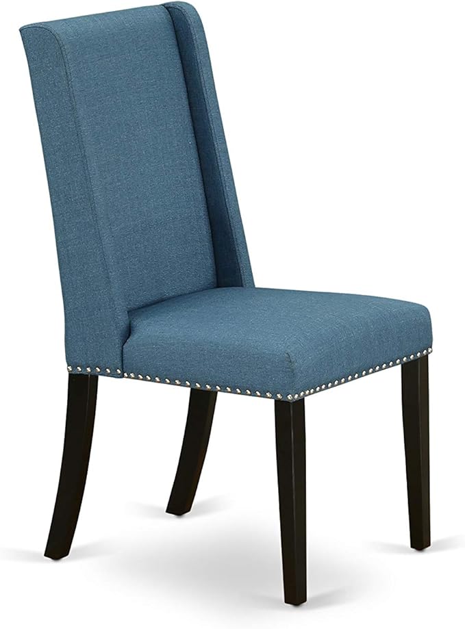 East West Furniture NOFL3-BLK-21 3 Piece Modern Dining Table Set Contains a Rectangle Wooden Table with Butterfly Leaf and 2 Blue Linen Fabric Upholstered Chairs, 32x54 Inch, Black