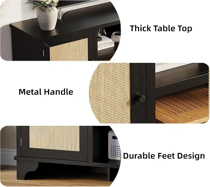 GarveeHome Rattan TV Stand for Living Room, Boho Entertainment Center for 55, 65, 70 Inch TV, TV Console Cabinet with Storage and Shelf, Black