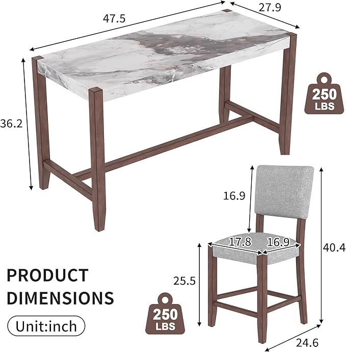 Ball & Cast 5-Piece Dining Table Set for 4,Kitchen Table Set W/Faux Marble Bar Table,Counter Height Living Room Furniture W/ 4 Upholstered Chairs,for Dining Room,Pub Kitchen,Small Place,Gray+White