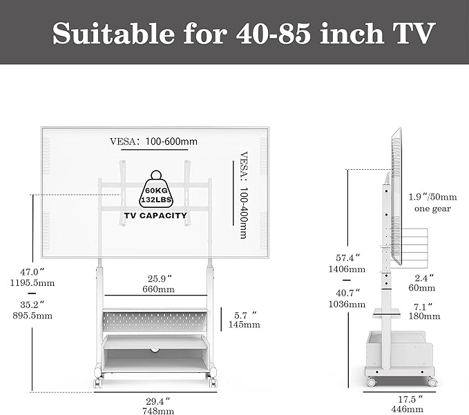 FITUEYES Rolling TV Floor Stand for 40-85in TVs, Heavy Duty Mobile TV Stand on Wheels Lockable, TV Cart with Wooden Large Storage Shelf & Pegboard Hold up to 132 lbs for Bedroom, Living Room, Office