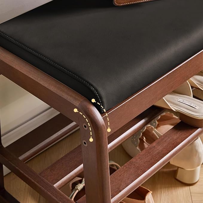 Wooden Shoe Storage Bench with Padded Top Cushion, Two-Tier Wooden Shoe Rack, Suitable for Bedrooms and Living Rooms, Black Walnut(31.5'')