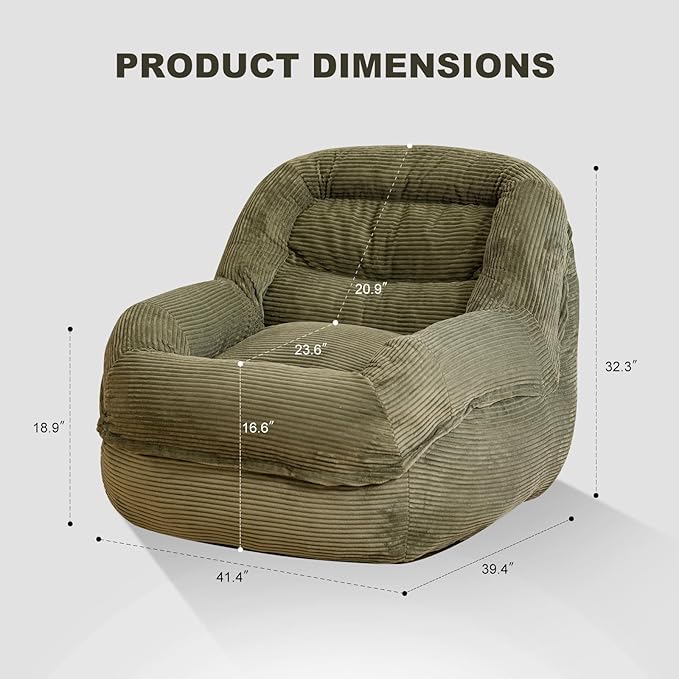 Giant Bean Bag Chair with Armrests - Oversized Cozy Seating for Adults, Corduroy Fabric & High - Density Foam Filling, Ideal Lounge for Living Room, Bedroom & Gaming Room (Olive Green)
