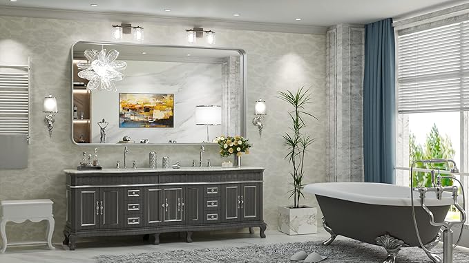 TokeShimi 55 x 36 Inch Brushed Silver Mirror Wall Mirror for Bathroom Black Metal Frame Decorative Rectangular Wall Mounted Home Decor Corner Hangs (Horizontal/Vertical)