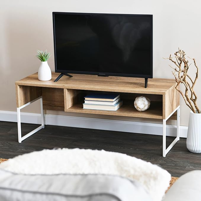 Household Essentials Wrap TV Stand with Rectangular Storage Compartment Coastal Oak Rustic Wood Grain and White Metal