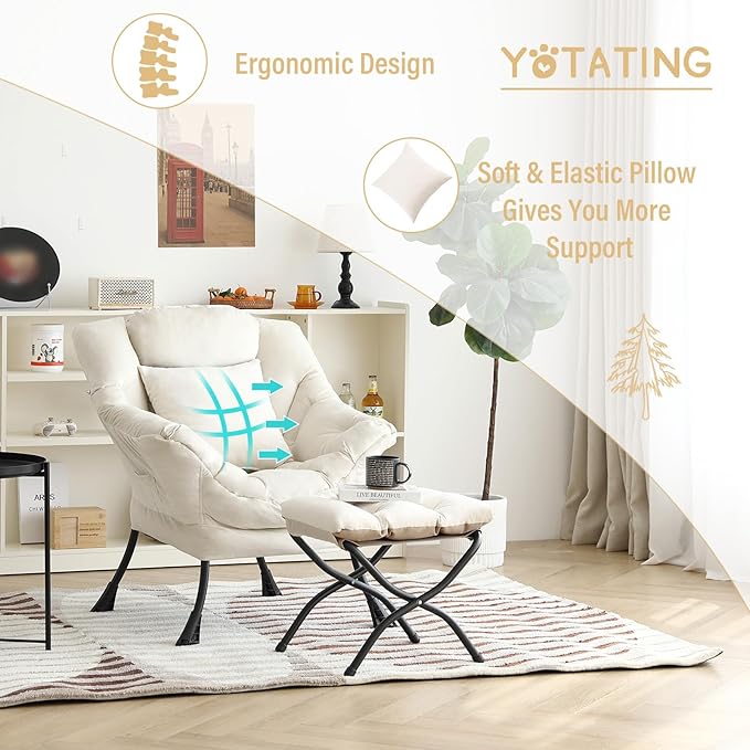 Lazy Chair with Ottoman, Comfy Reading Lounge Chair with Footstool & Throw Pillow Modern with Armrests & Side Pocket for Living Room, Bedroom, Dorm Room, Velvet Beige
