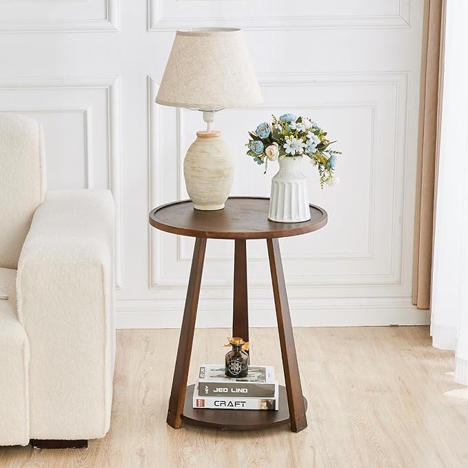 Round Solid Wood Side Table - Small Round Wooden End Table, Modern Living Room Side Beside Tables with Shelf for Couch Sofa Armchair Office Bedroom, Walnut, 19.6 in x 19.6 in x 23.6 in