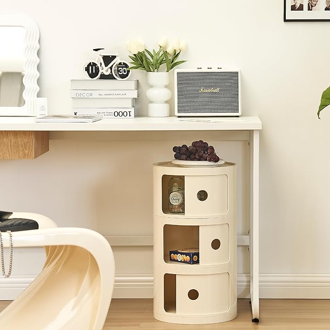 Round Nightstand with 3 Drawers, Modern Style Side Table, Multifunctional End Table Storage Cabinet for Living Room, Bedroom, Bathroom (White)