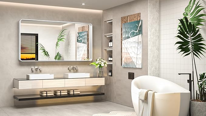 TokeShimi 48 x 24 Inch Wall Mirror Silver Bathroom Vanity Mirror with Metal Frame Aluminum Alloy Rounded Corner for Modern Farmhouse Wall Decor 1”Deep Set Design (Horizontal/Vertical)