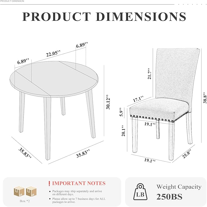 COLAMY 3-Piece Extendable Dining Table Set for 2, 36" Kitchen Round Wood Table with 2 Nailhead Dining Room Chairs,Light Brown/White&Blue Flower
