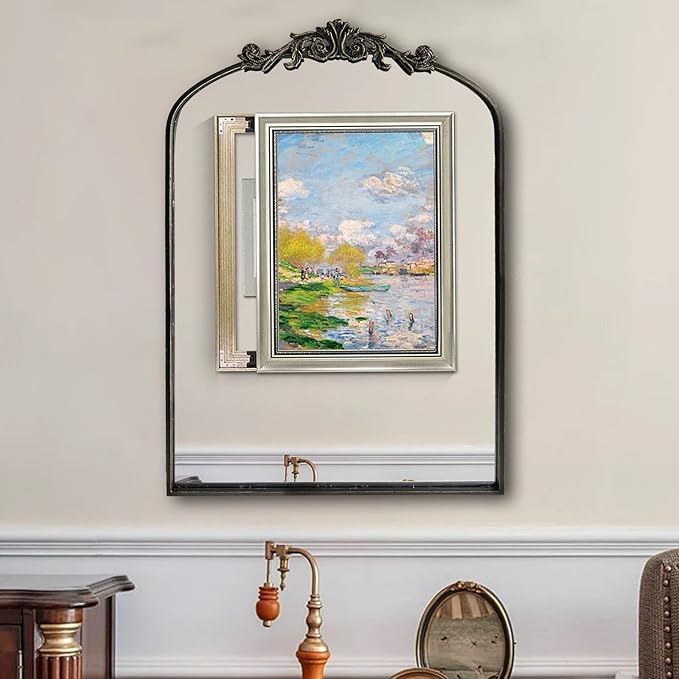 Wall Mirror Window Decorative Traditional Mirrors Antique Arched Farmhouse for Living Room Bedroom Entryway Bathroom Vanity (36 * 24 * 1.2, Black)