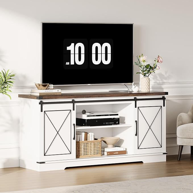 IDEALHOUSE Farmhouse TV Stand and Entertainment Center for Tv up to 65 inches with Sliding Barn Doors, Tv Media Console Table with Storage Cabinet for Living Room, White & Brown