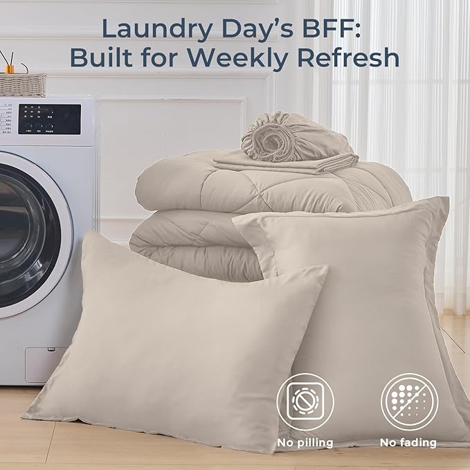 HEVUMYI Beige Tan Twin Comforter Set - 5-Piece All Season Bed in a Bag Twin, Ultra Soft Bedding Set with Comforter, Flat Sheet, Fitted Sheet, Pillowcases, Pillow Shams, Beige Tan