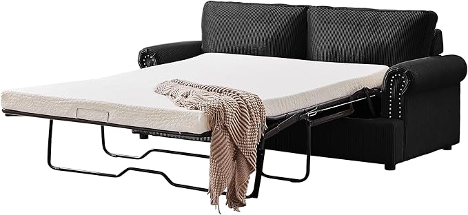 Reversible Sleeper Sofa Bed with Comfortable Memory Foam Mattress, Convertible Corduroy Full Size Pull Out Couch for Living Room, Space Saving Furniture, 72" Wide, Rounded Arms, Black