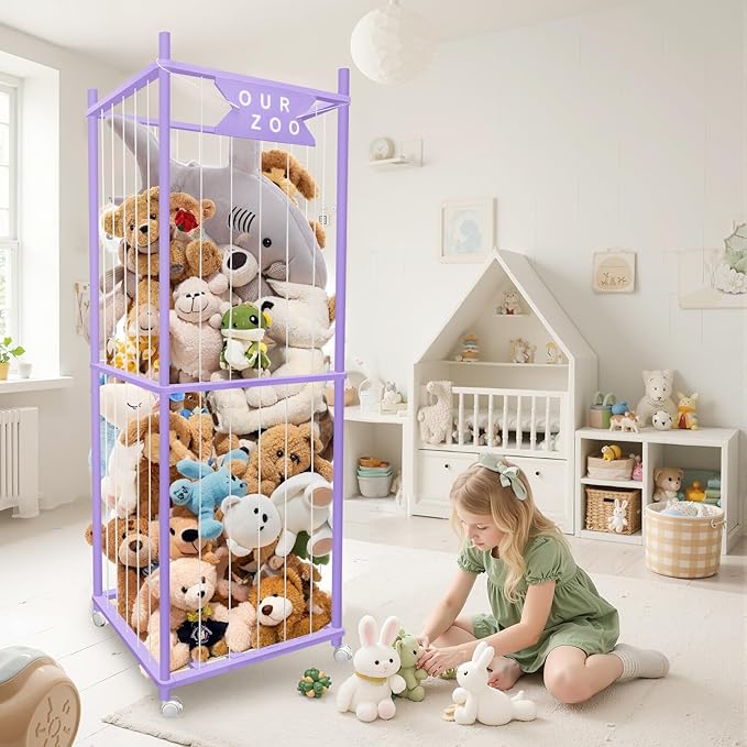 Stuffed Animal Storage Zoo with Wheels, Wooden Large Stuff Animals Plushies Holder Toy Organizer Kids Plush Storage Cage with Elastic Band and Net for Nursery Playroom Corner for Toddler (Purple)