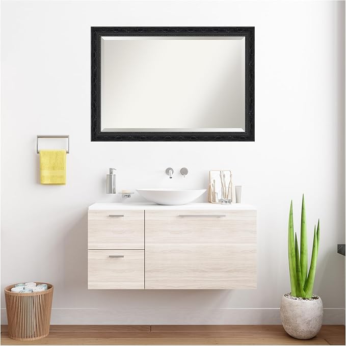 Amanti Art Bathroom Mirror for Over Sink, 29x41 Filigree Gloss Black Rectangle Vanity Mirror, Large Traditional Frame, Hangs Horizonally and Vertically, Bathroom Wall Decor, Beveled Edge