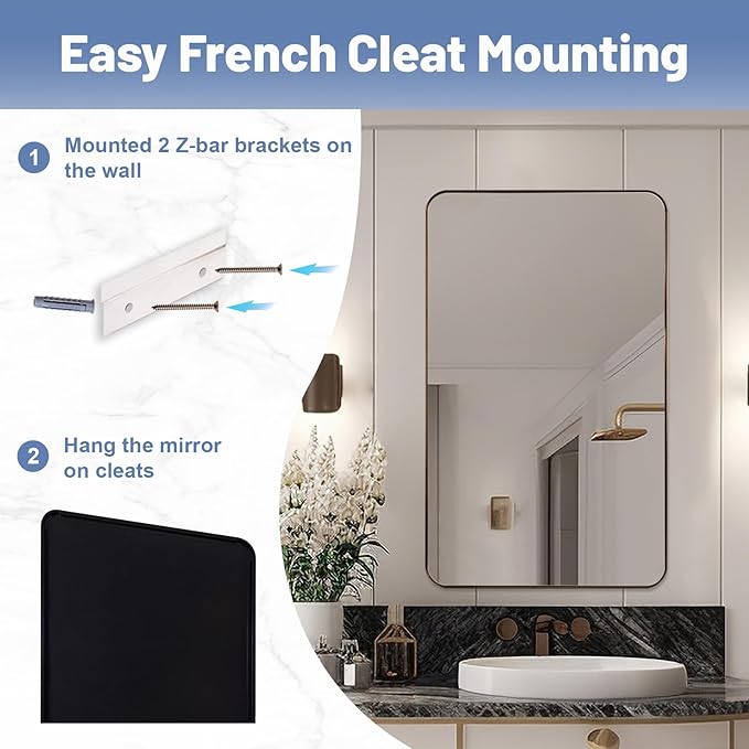 24x36 Inch Brushed Bronze Bathroom Mirror for Wall, Metal Framed Rectangle Mirror with Rounded Corner, Bathroom Vanity Mirror in Aluminum Alloy, Hangs Horizontally or Vertically