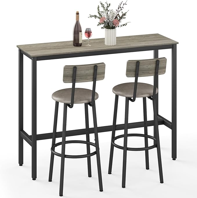 Dining Table Set for 2, 3-Piece Bar Table and Chairs Set, Kitchen Table and Chairs, High Top Table with 2 PU Upholstered Stools, Space-Saving Pub Table Sets for Small Space, Gray