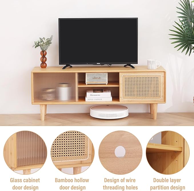 Tiita Rattan TV Stand for 55 Inch TV, Bamboo TV Cabinet with Adjustable Shelf and Storage, Boho Entertainment Center, Mid Century Modern Media Console for Bedroom, Living Room, Study (Natural)