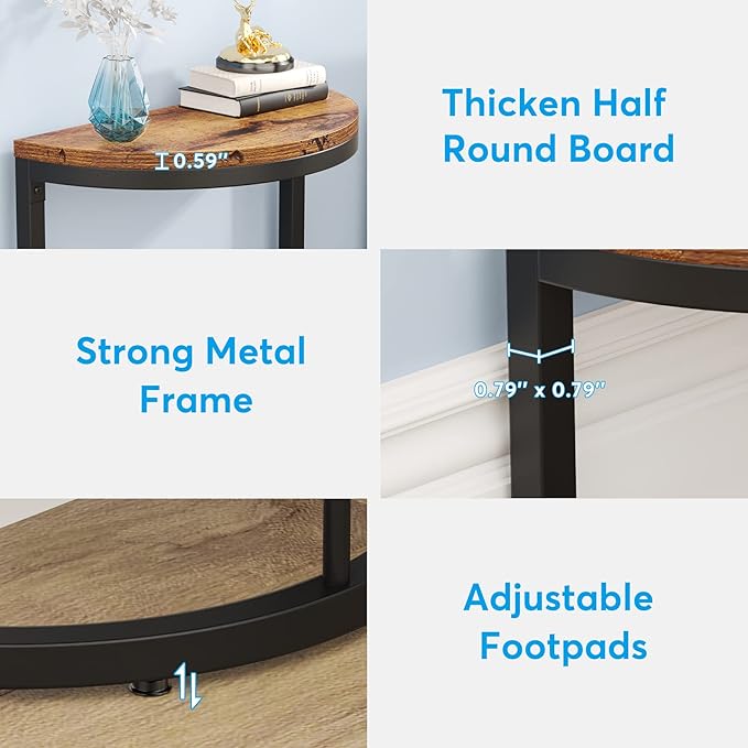 Tribesigns End Table Semi Circle, Small Half Round Side Table with Storage Shelf, Wood Accent Table Slim C Table for Sofa Couch, Living Room, Bedroom, Easy Assembly (Rustic Brown & Black, 2-Tier)