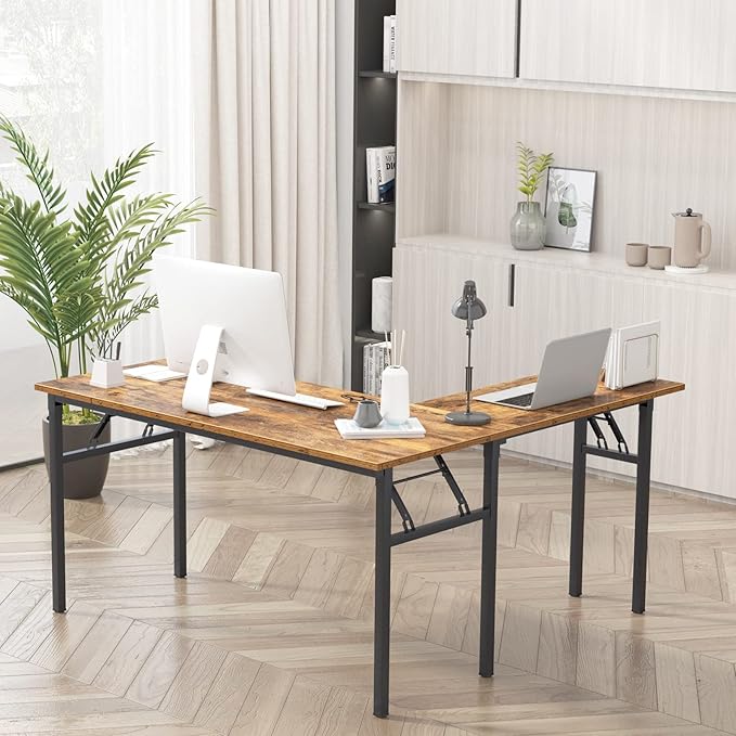 DlandHome L-Shaped Desk Large Corner Desk Folding Table Computer Desk Home Office Table Computer Workstation, ND11 (Rustic Brown)