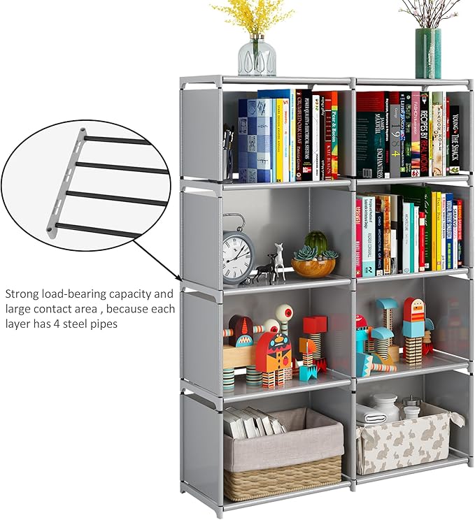 JIUYOTREE 5-Tiers Closet Storage Organizer with Fabric Cloth at Back，Double Row Modular Cubes Bookshelf,Living Room,Study Room,Bedroom,Grey