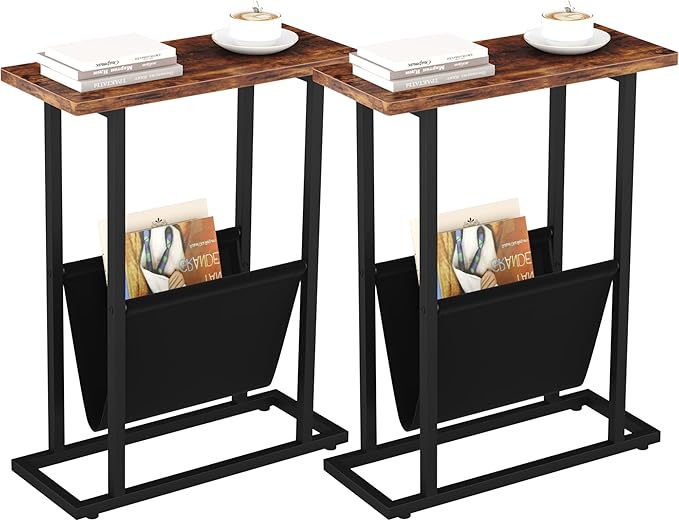 Narrow Side Table for Small Spaces, Small End Table Set of 2 with Magazine Holder, Skinny Slim Little Thin Table for Living Room, Bedroom, Sofa, Rustic Brown