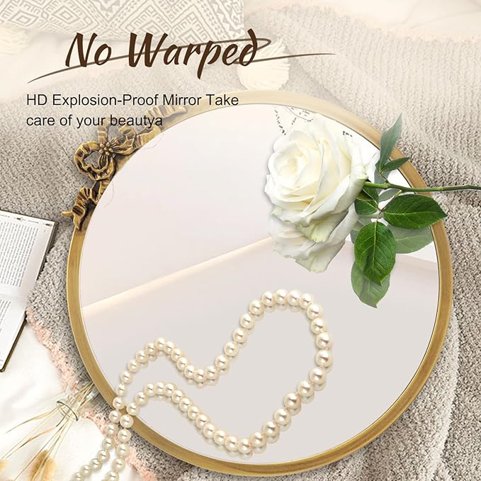 Vintage Round Mirror Antique Gold Vanity Mirrors 12inch Metal Ornate Circle Wall Mirror, Baroque Home Decor for Dressing Table, Bedroom