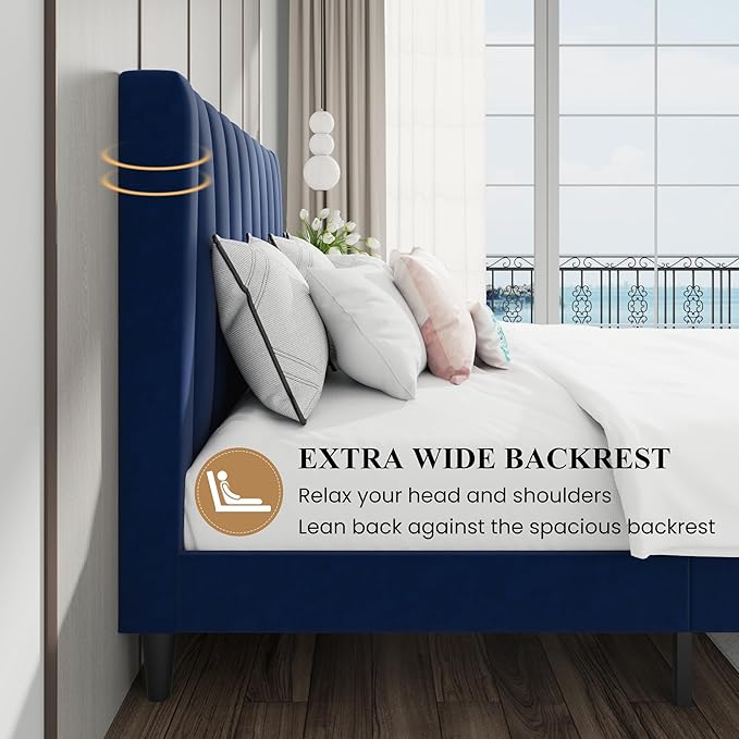 SHA CERLIN Queen Bed Frame/Velvet Upholstered Platform Bed Frame with Headboard/Strong Wood Slats Support/Mattress Foundation/No Box Spring Needed - Dark Blue