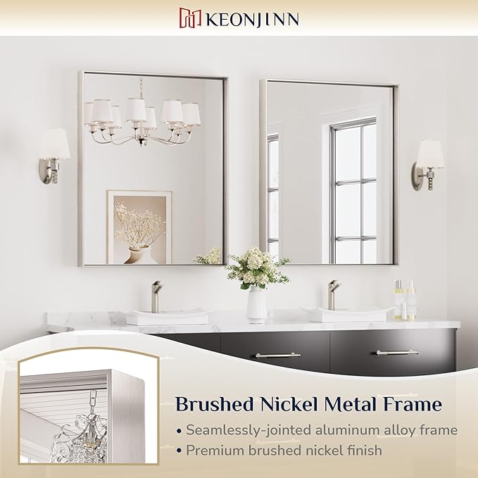 Keonjinn Brushed Nickel Bathroom Mirror for Wall 28 x 36 in, Rectangular Metal Framed Silver Mirror for Vanity Square Corner Aluminum Alloy Rectangle Modern Mirror for Over Sink(Horizontal/Vertical)
