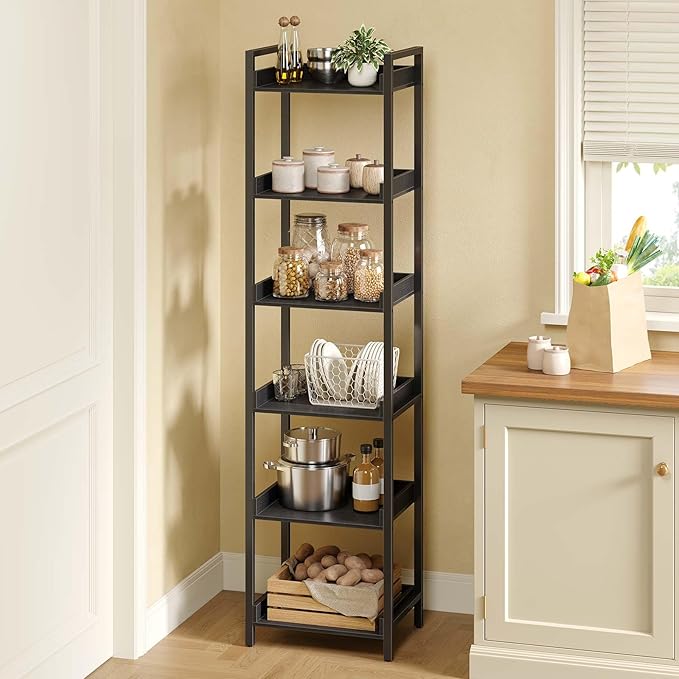 Rolanstar Bookshelf, 6-Tier Storage Rack, Narrow Corner Bookshelf, Display Wooden Shelves for Living Room, Bathroom, Balcony, Kitchen,Black
