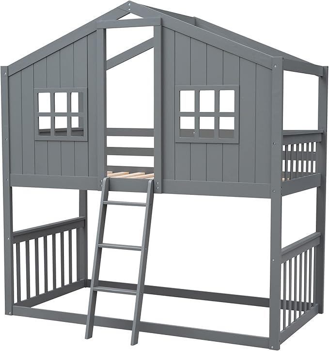 Ball & Cast Twin Over Twin Size House Bunk with Ladder and Window,Wood Bunkbed w/Full-Length Guard Rail & Ladder,Slat Support,Space Saving,Bedroom Furniture for Student Dorms,Gray