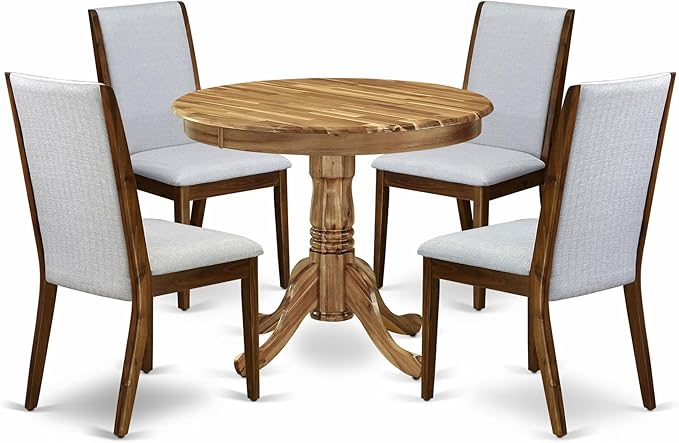 East West Furniture ANLA5-ANA-05 5 Piece Dining Room Table Set Includes a Round Kitchen Table with Pedestal and 4 Grey Linen Fabric Parson Dining Chairs, 36x36 Inch, Natural