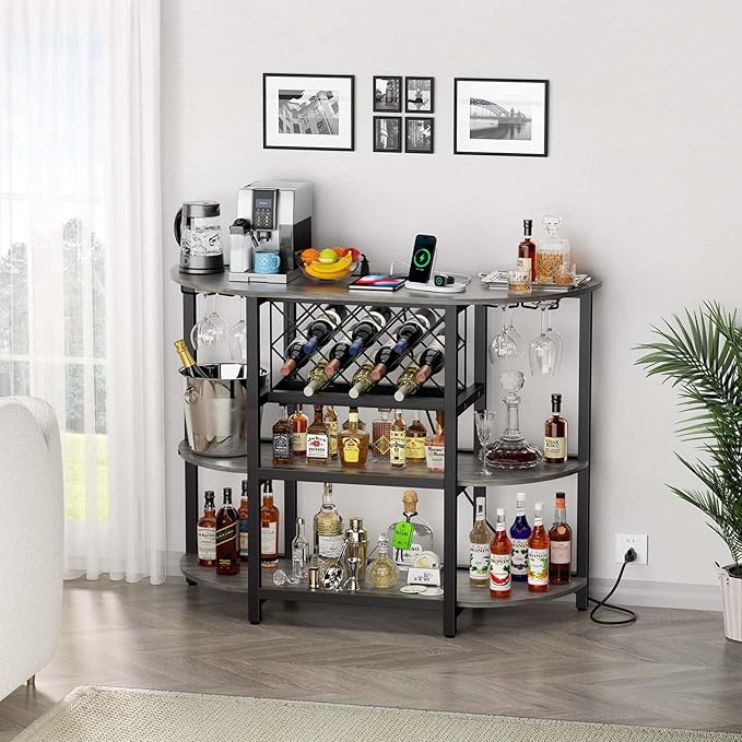 Zarler Bar Cart with Power Outlet Easy to Assemble, LED Home Bar Cabinet for Liquor, 47.3" L x 15.8" D x 36" H Metal Mini Bar Table with 4-Tier Storage, Light Grey