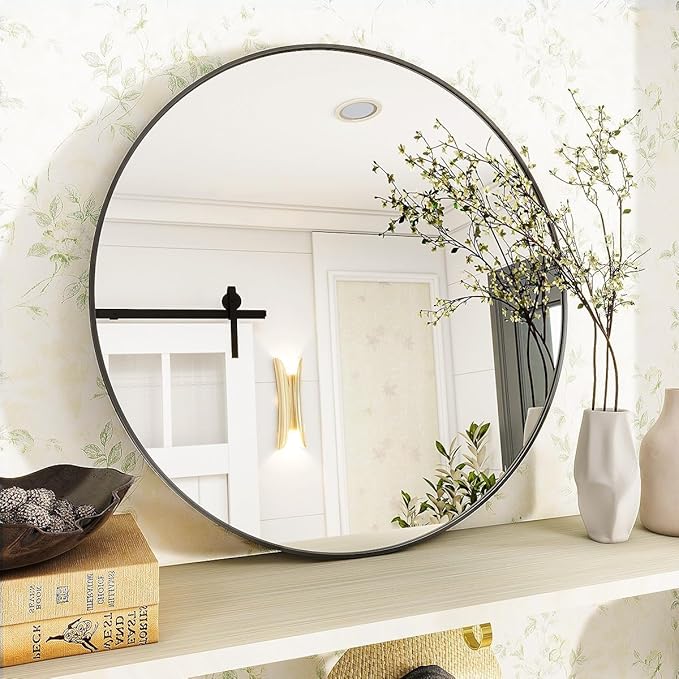 Black Round Bathroom Mirror, 24 inch Circle Wall Mounted Hanging Mirror with Simple Modern Circular Metal Frame for Hallway, Entryway, Living Room, Black Frame