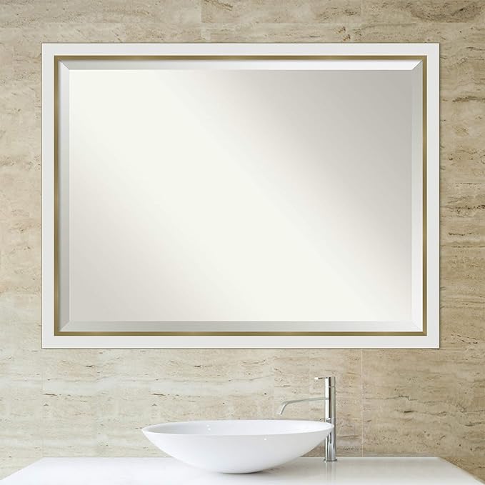 Amanti Art White Bathroom Mirror for Over Sink, 33x43 Eva White Gold Narrow Rectangle Vanity Mirror, X-Large Modern Contemporary Frame, Hangs Horizonally and Vertically, Bathroom Wall Decor, Beveled
