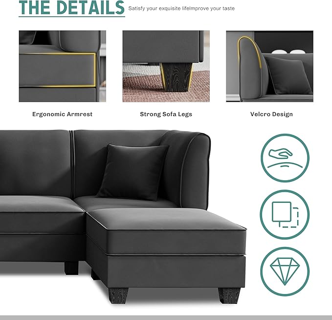 Shintenchi 6 Pieces Sectional Couch Modular Sofa,U Shaped Reversible Chaise Velvet SofaCouch with Cushions,Modular Sectional Sofa with Ottoman for Living Room (Dark Grey)
