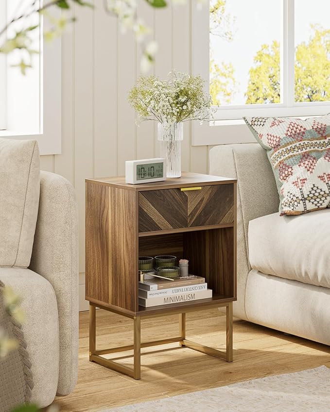 Nightstand, Boho Night Stand Wood Farmhouse Bedside Table with Storage, End Side Table for Bedroom,Living Room,Walnut