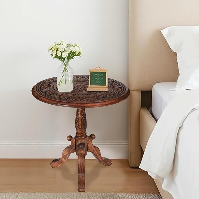 The Wooden Town Handcrafted Carved Round Side Table – 18x21 Inch Coffee Table for Living Room | Solid Wood Accent End Table with Pedestal Base | Altar Table for Home Décor