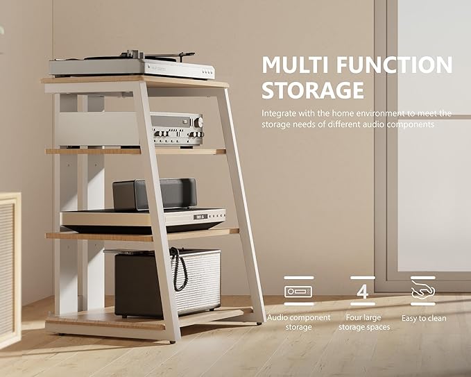 FITUEYES Design 4-Tier AV Media Stand Corner Shelf Stand Wooden Corner Shelves Component Cabinet Stereo Rack Audio Tower with Height Adjustable Wooden Shelves for ps4 (White Oak)