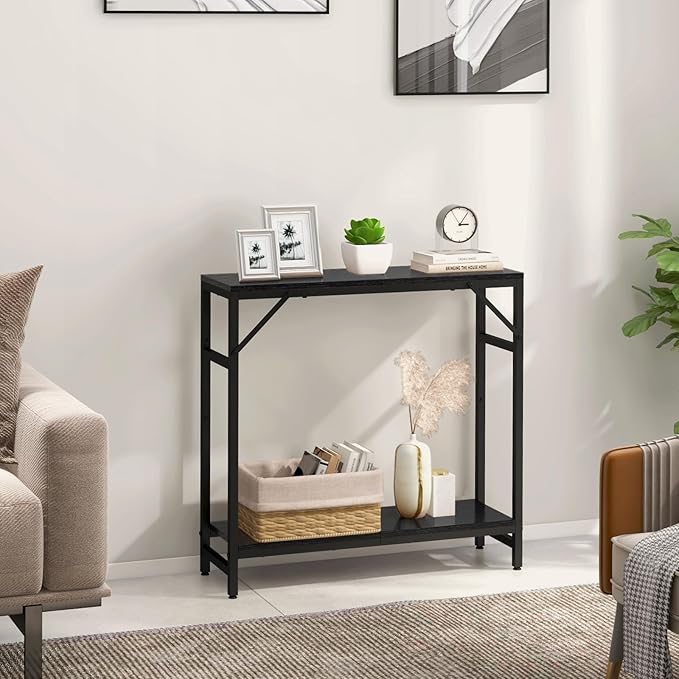 Narrow Console Table for Entryway - 2 Tier, 29.5” Entryway Table with Shelf, Industrial Thin Sofa Table with 2 Support Bar, Display Tables for Living Room, Bedroom, Foyer, Black