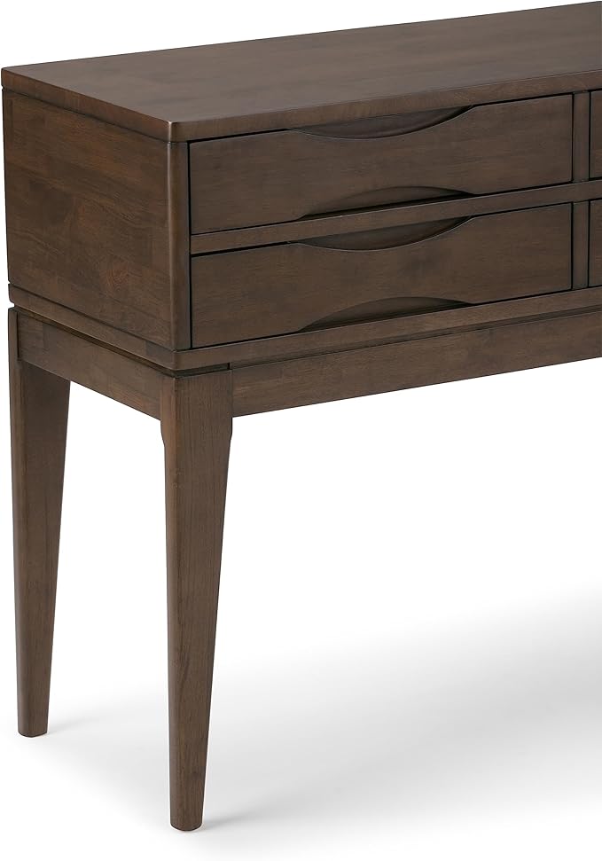 SIMPLIHOME Harper Console Table - 40 Inch Wide Solid Hardwood Sofa Table in Walnut Brown, Mid-Century Modern Storage Table for Entryway or Living Room with 4 Drawers, Notched Handles, and Tapered Legs
