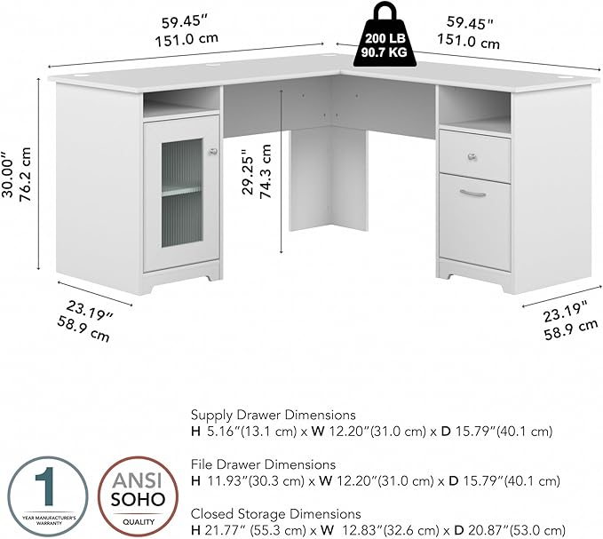 Bush Furniture Cabot L Shaped Computer Desk in White | Corner Table with Drawers and Storage for Personal Home Office Workspace