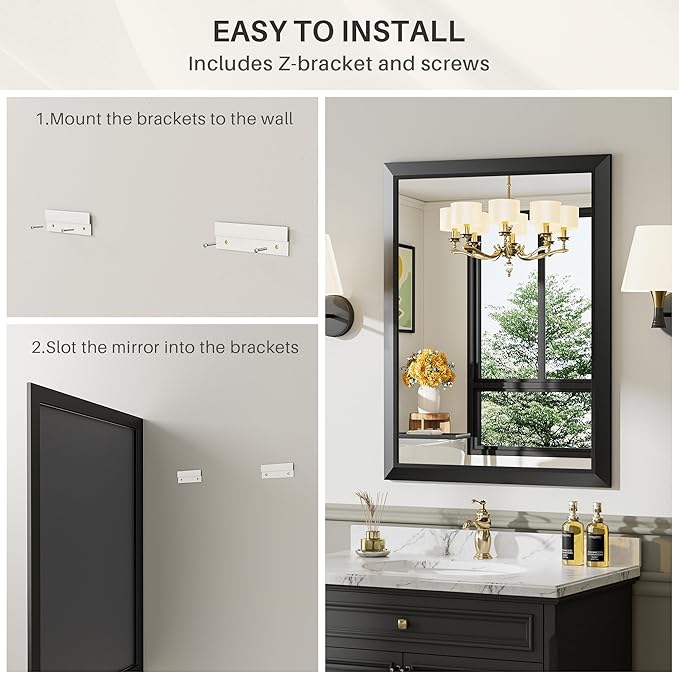 20x30 Inch Black Bathroom Mirror for Wall, Thick Metal Framed Rectangle Mirrors for Over Sink, Bedroom, Living Room, Entryway, Anti-Rust, HD Tempered Glass