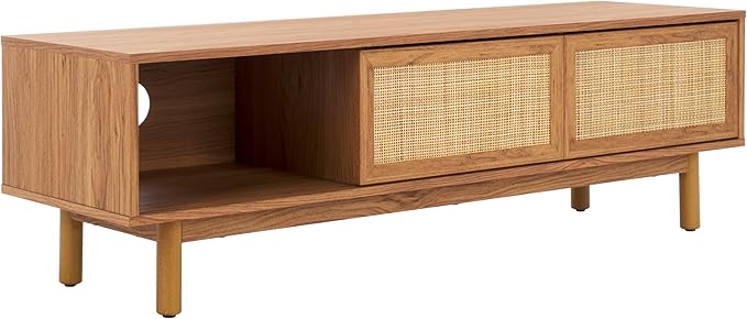 SAFAVIEH Aino TV Stand for up to 60" Flatscreen – Oak Brown, 2 Sliding Doors with Interior Storage, 1 Open Shelf, Entertainment Media Console (MED9619D)